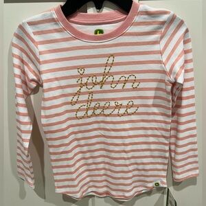 John Deere Pink and White Striped Long-Sleeve Tee with Gold Script